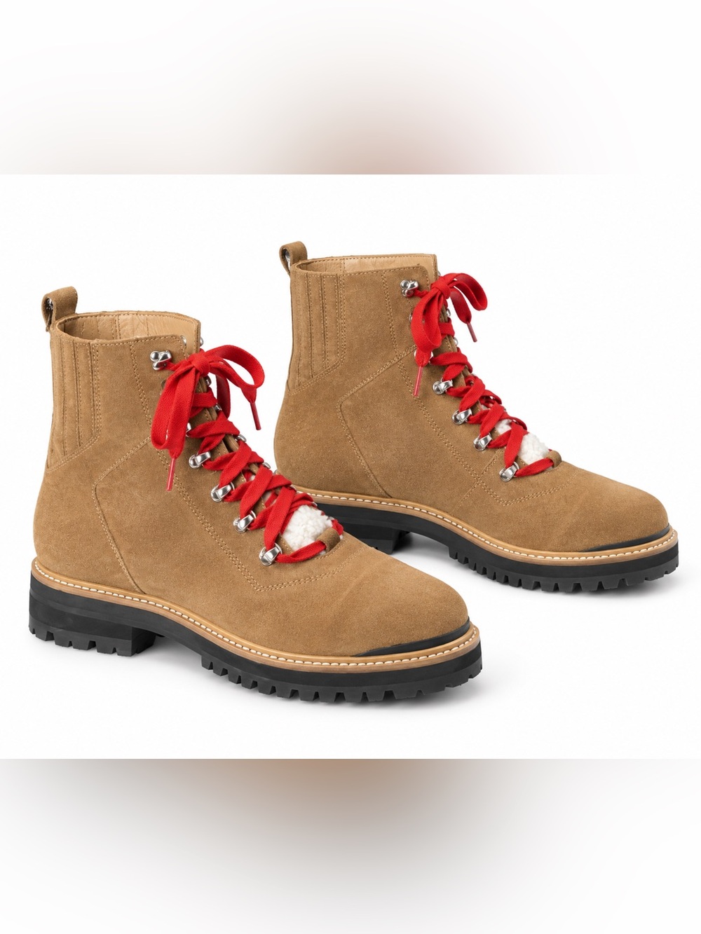 Marc Fisher Izzie Lug Sole Boots Tan Suede Red Lace Up Shearling